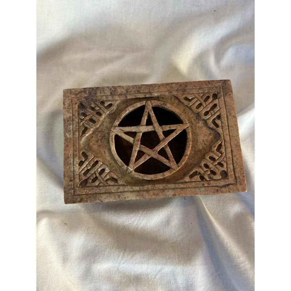 Pentagram Hand Carved Soap Stone Trinket Alter Box wiccan Celtic Marble